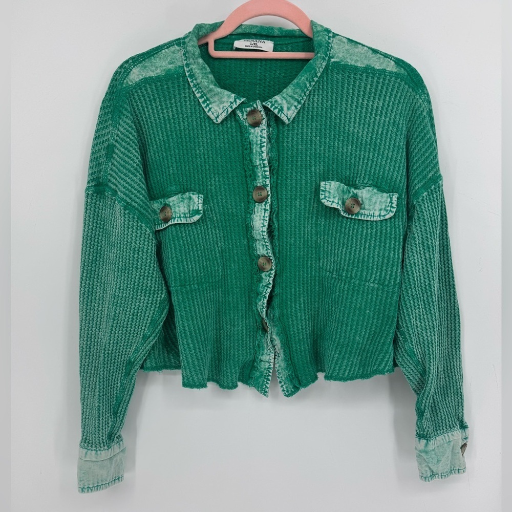 Zenana Outfitters Women's Green Cropped Sweater Cardigan Size L/XL 100% Cotton